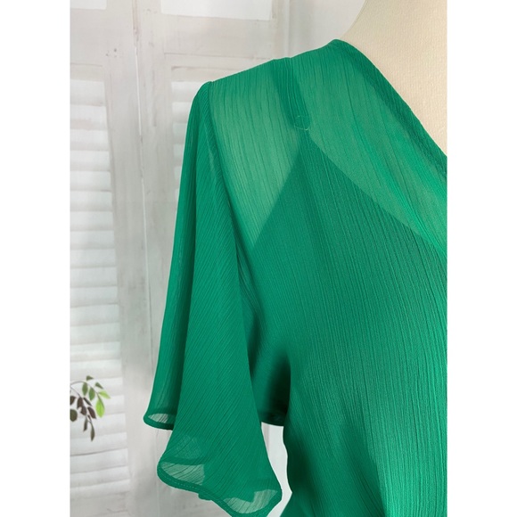 New Calvin Klein Dress 8 Chiffon Flutter Sleeve Green High-low Ruffle Faux Wrap - Picture 9 of 10
